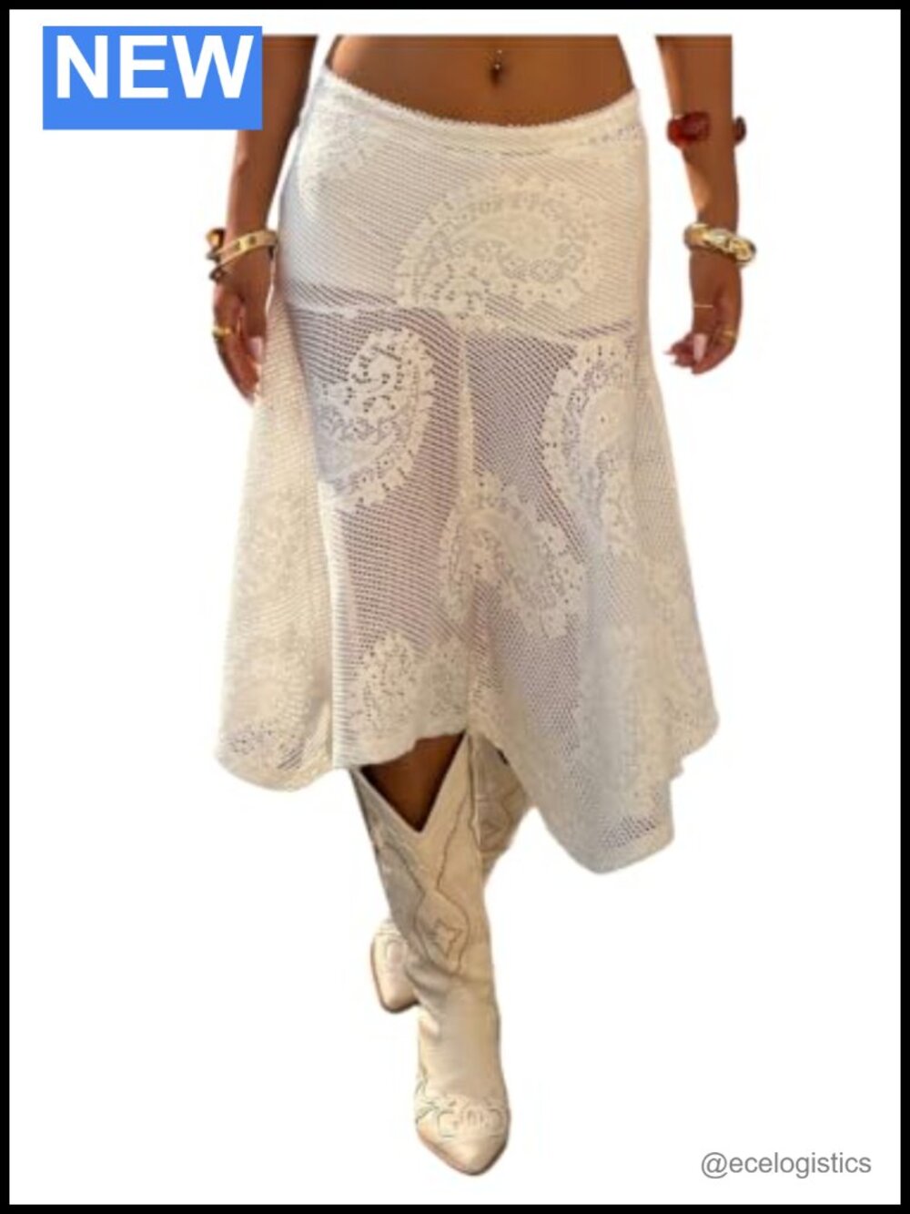 Women's Crochet Mesh Sheer Flare Midi Skirt Low Rise Pull On